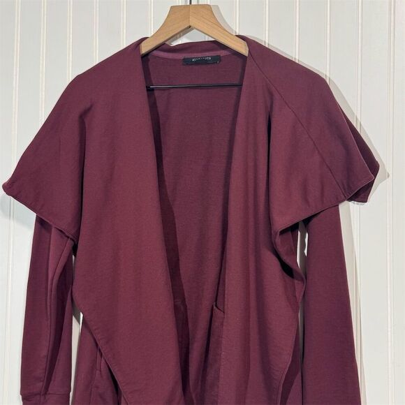 AllSaints Delia Sweat Cardigan Jacket Small Burgundy Waterfall Open Front Draped - Picture 2 of 9